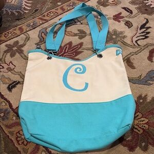 “C” Cream and Teal Canvas Tote